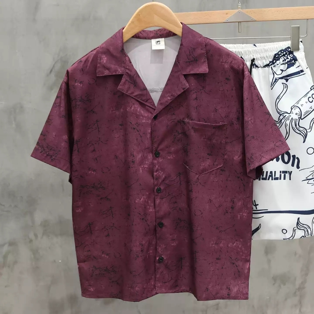 Burgundy Marble Print Camp Shirt